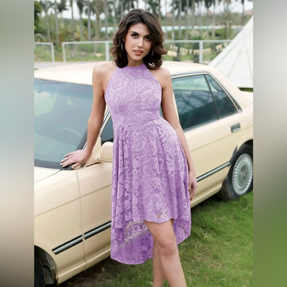 Purple Asymmetrical Sundress with Halter Neckline for Wedding Guest